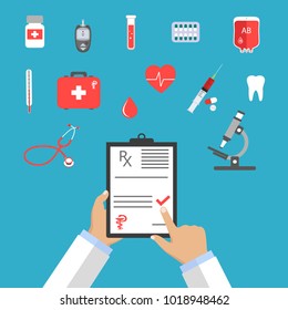 Pharmaceutics banner set. Doctor makes medical prescription. Medicines, microscope, tablets, ampulla, bottles, syringe, bag. Stethoscope icon.
