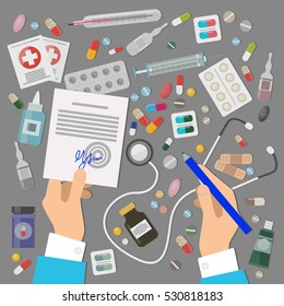 Pharmaceutics banner set. Doctor makes medical prescription. Medicines, pills, tablets, ampulla, bottles, troches isolated. Stethoscope icon. Chemical drugs. Vitamins and remedies. Vector illustration