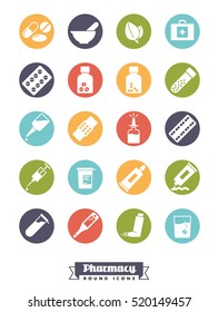 Pharmaceutics industry icon set. Collection of solid color round pharmacy and medicine glyph icons.