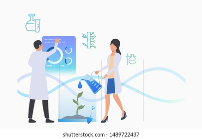 Pharmaceutics scientists making research. Science laboratory, clinical lab, experiments. Research concept. Vector illustration for webpage, landing page