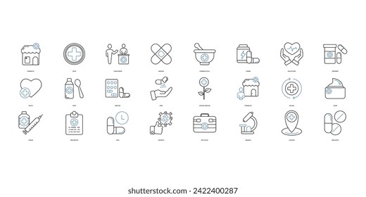 conjunto de iconos de farmacia. Conjunto de iconos de trazo editables.Conjunto de vectores de farmacia