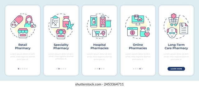Pharmacies types onboarding mobile app screen. Walkthrough 5 steps editable graphic instructions with linear concepts. UI, UX, GUI template. Montserrat SemiBold, Regular fonts used