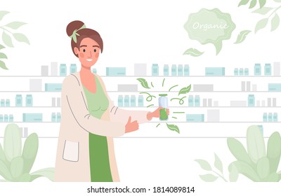 Pharmacist advertises an organic medicine or bio dietary supplement vector flat illustration. Young smiling woman in a white medicine robe holding a bottle with green liquid.