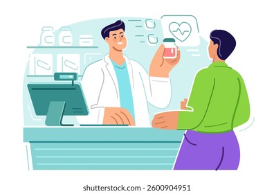 Pharmacist assisting customer in pharmacy. Drugstore and medicine concept