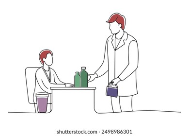 Pharmacist assisting a customer in a pharmacy shop Hand drawn offset fill with doodle illustration