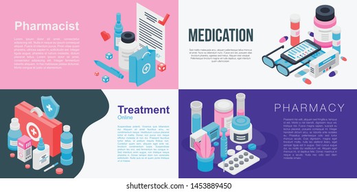 Pharmacist banner set. Isometric set of pharmacist vector banner for web design