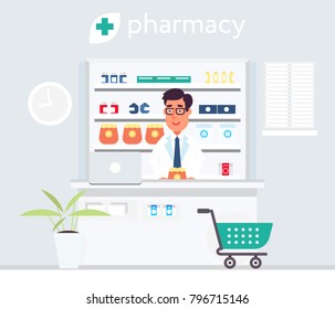 Pharmacist Behind The Cash Desk. Modern Flat Design Simple Style Illustration. Cashier And The Wall With The Pills. Drug Store Concept. Poster Design. Advertisement Banner.