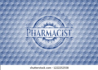 Pharmacist blue emblem with geometric pattern background.