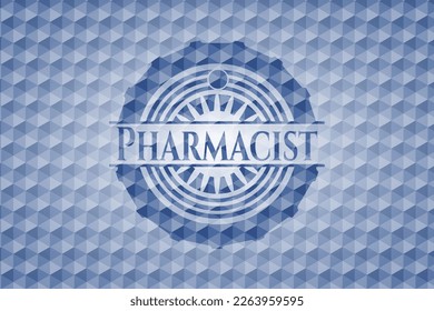 Blaues Emblem des Apothekers mit geometrischem Musterhintergrund. Vektorgrafik. Detaillierte Angaben. 