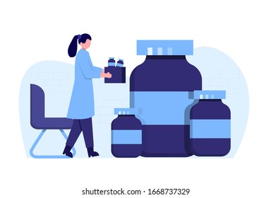 A pharmacist is carrying drugs in a bottle using a medicine box