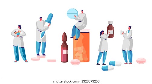 Pharmacist Character Medicine Drug Store Set. Pharmacy Business Industry Professional People. Online Health Care Infographic Background. Pill And Bottle Healthcare Flat Cartoon Vector Illustration