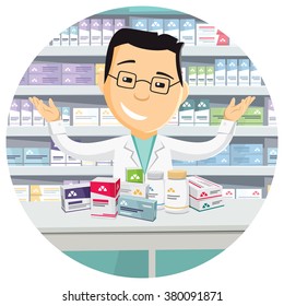 Pharmacist chemist man in pharmacy. Banner. Sale of vitamins and medications. Funny cartoon flat vector simple illustration.