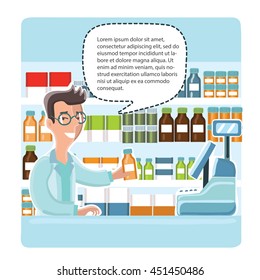 Pharmacist chemist man in pharmacy giving some advice. Showcases with medicines beside him. Banner. Funny cartoon vector simple illustration. Balloon speech with lorem ipsum inside.