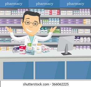Pharmacist chemist man in pharmacy. Sale of vitamins and medications. Funny cartoon flat vector simple illustration.