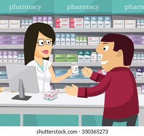 Pharmacist chemist woman in pharmacy. Man buys drugs at the pharmacy. Sale of vitamins and medications. Funny vector simple illustration.