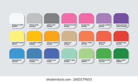Pharmacist Color Guide Palette with Color Names. Catalog Sample of Pharmacist with RGB HEX codes and Names. Pharmacist Color Palette, plastic, metal, clothes, fashion trend Pharmacist Color Palette
