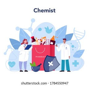 Pharmacist concept. Medication and health treatment concept. Medicine pill and prescription form. Drugstore staff. Isolated vector illustration