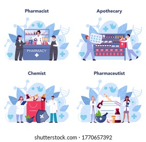 Pharmacist concept set. Medication and health treatment concept. Medicine pill and prescription form. Drugstore staff. Isolated vector illustration