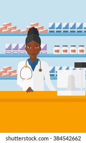 Pharmacist at counter with cash box.