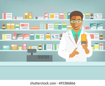 Pharmacist at counter in pharmacy. Black man druggist stands opposite shelves with medicines and points to drug. Flat vector illustration. Health care medical background. Drugstore cartoon banner