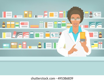 Pharmacist at counter in pharmacy. Black woman druggist stands opposite shelves with medicines and points to drug. Flat vector illustration. Health care medical background. Drugstore cartoon banner