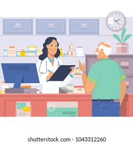 Pharmacist at counter in pharmacy.Man buys drugs at the pharmacy.Health care medical background. Drugstore flat vector illustration