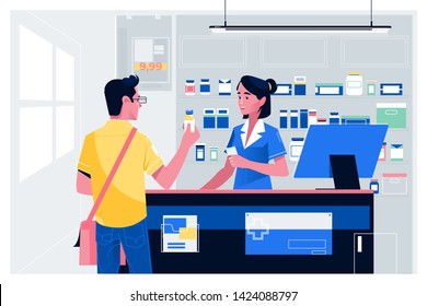 Pharmacist at counter in pharmacy.Man buys drugs at the pharmacy.Health care medical background. Drugstore. Vector illustration