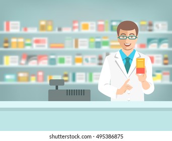 Pharmacist at counter in pharmacy. Man druggist stands opposite shelves with medicines and points to box with drug. Flat vector illustration. Health care medical background. Drugstore cartoon banner