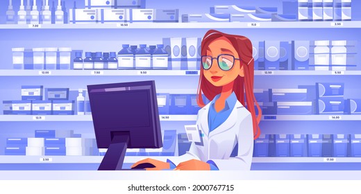 Pharmacist at counter in pharmacy with shelves with medicines on background. Vector drugstore interior with apothecary woman working at computer, medical products, pills and vitamins