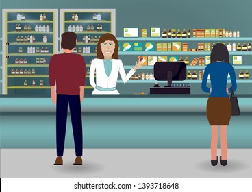 Pharmacist at counter in pharmacy shop. People clients in modern drugstore interior.  Shelves with medicine pills capsules bottles vitamins and tablets. Illustration vector