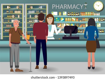 Pharmacist at counter in pharmacy shop. People clients elderly man in modern drugstore interior. Shelves with medicine pills capsules bottles vitamins and tablets. Illustration vector