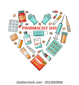 Pharmacist Day is a holiday on September 25. The drugs are arranged in the form of a heart. Vector illustration on a white background in the cartoon style.