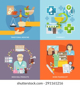 Pharmacist design concept set with traditional medicine and medicinal products flat icons isolated vector illustration
