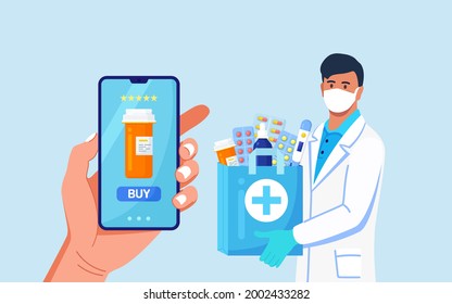 Pharmacist in disposable gloves with paper bag with medicines, drugs and pill bottles inside. Online Home delivery pharmacy service on phone screen. Doctor in white coat, facial mask with stethoscope