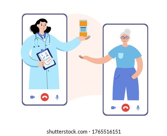 El farmacéutico o el médico le dan medicamentos a una anciana mediante solicitud telefónica. Ilustración vectorial plana, afiche médico. Farmacia online, concepto clínico. Personajes de dibujos animados femeninos adultos y de edad avanzada.