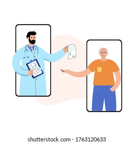 Pharmacist or doctor gives prescription to a senior man via application on phone. Flat vector illustration, medical poster. Online pharmacy, consult concept. Adult and eldery male cartoon characters.