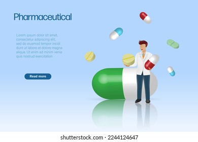 Pharmacist doctor hold medical capsule pill. Pharmaceutical drug for patient treatment health solution. 3D Vector 