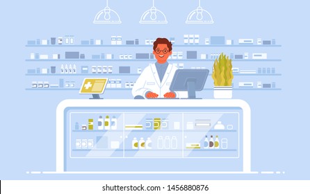 Pharmacist doctor on the background of the interior pharmacy. Pharmacology. Sale of drugs in the drugstore. Vector illustration in flat style