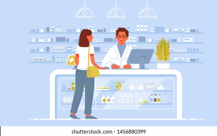Pharmacist doctor and patient in the drugstore. A client woman buys drugs at a pharmacy. Vector illustration in flat style