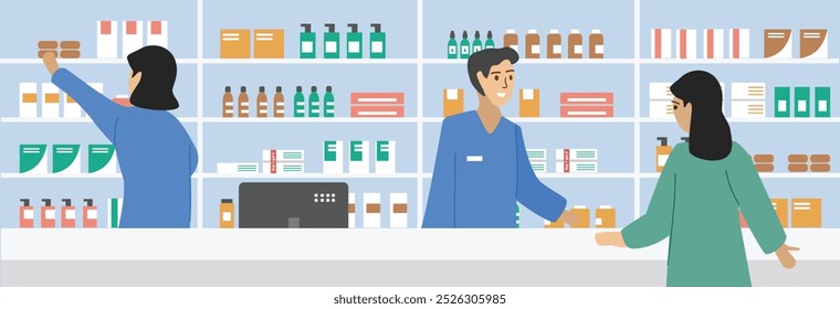 Apotheker im Arzneimittelladen. Drogenabhängige verkaufen Medikamente. Kassierer für Drogerien. Menschen kaufen Medikamente. Die Menschen brauchen Medikamente. Apotheke. Apothekenmarkt. Kosmetikgeschäft. Apotheker. Dispensary.