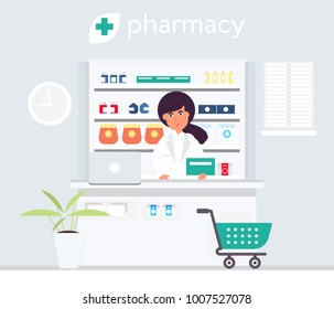 Pharmacist In The Drug Store Flat Design Vector Illustration. Cute Charatcter. Poster Design