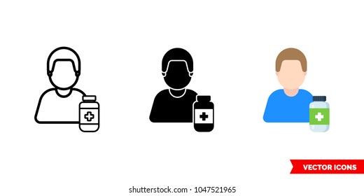 Pharmacist druggist icon of 3 types: color, black and white, outline. Isolated vector sign symbol.