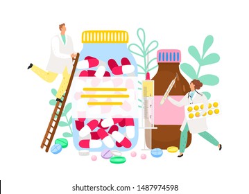 Pharmacist and drugs. Medicine industry vector illustration. Flat doctors characters. Pharmacy, pharmacology concept