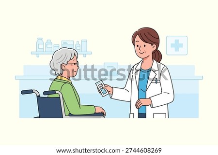 A pharmacist explains medication details to a senior woman, ensuring proper health management.