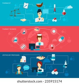 Pharmacist flat banner set with pharmacy business apothecary profession isolated vector illustration