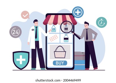 Pharmacist give advice and counseling medication to customer. Male patient with magnifying glass choosing drugs in online pharmacy store. App for shopping drugs on phone screen. Vector illustration