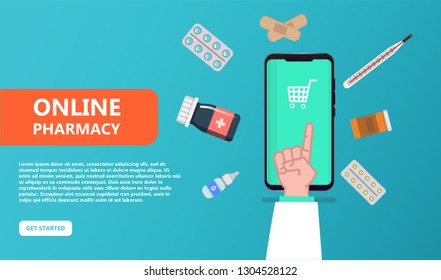 Pharmacist give advice. Drugs on screen smartphone. Online drugstore pharmacy isolated. Web design template  can use for landing page, template, ui, web, mobile app, poster, banner, flyer - Vector