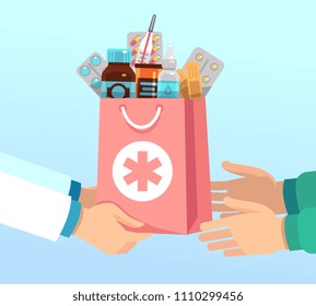 Pharmacist Gives Bag With Antibiotic Drugs According To Recipe To Hands Of Patient. Pharmacy Vector Concept Medical Treatment, Pill Drug And Medication Illustration