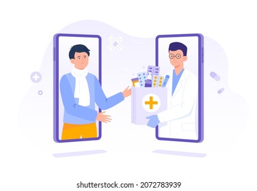 A Pharmacist Gives An Order With Drugs To A Man. Online Pharmacy, Delivery Drugs, Prescription Medicines Order. Vector Flat Illustration.