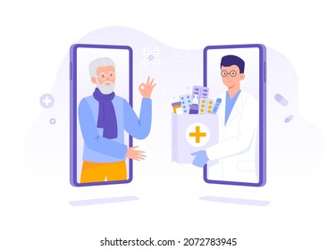 A pharmacist gives an order with drugs to a senior man. Online pharmacy, delivery drugs, prescription medicines order. Vector flat illustration.